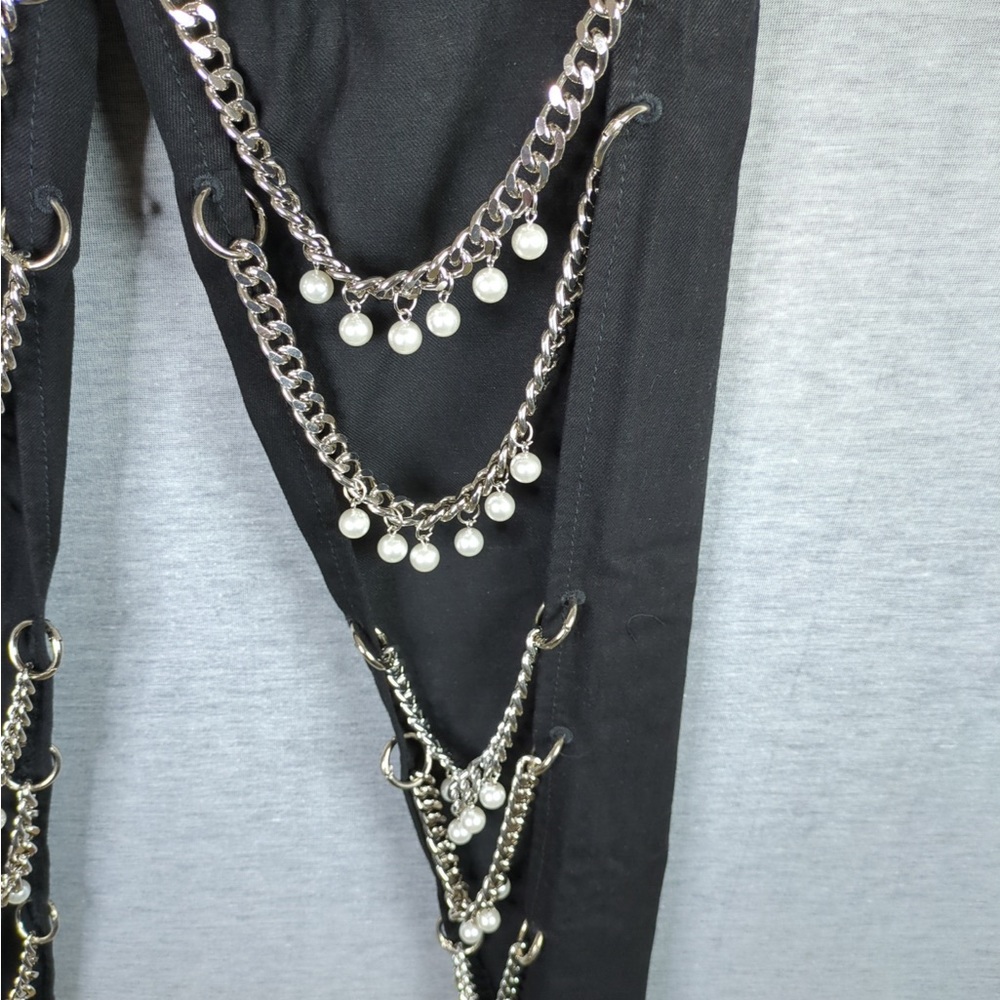 Beulah Style Chain Linked Pearl Embellished Cutout Denim Pants - Picture 10 of 16